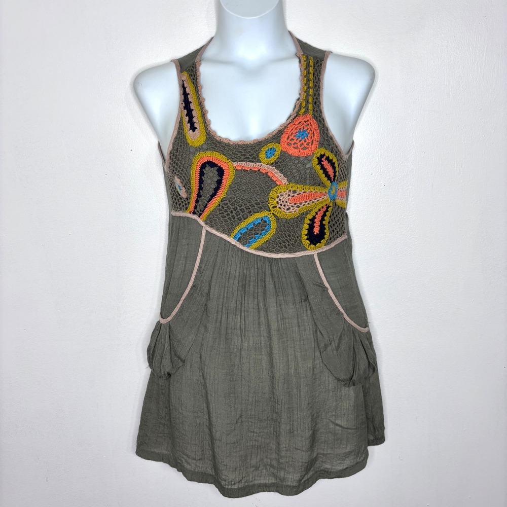 Whish Tunic Top Large Olive Green Crochet Embroidered Boho Peasant Whimsygoth